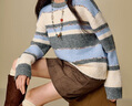 茵曼2025冬季女裝新款撞色條紋簡(jiǎn)約圓領(lǐng)毛衣慵懶寬松套頭針織衫  藍彩條 M 曬單實(shí)拍圖