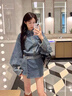 萬(wàn)欣兒牛仔套裝女美式2026復古新款外套高腰不規則顯瘦半身裙兩件套褲裙 牛仔藍 S 95斤以?xún)?曬單實(shí)拍圖