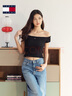 TOMMY JEANS25春夏新款女裝復古甜美性感一字肩褶皺辣妹短款短袖上衣T恤 黑色BDS L 曬單實(shí)拍圖