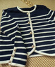 百圖betu女裝秋季新款毛針織衫圓領(lǐng)條紋拼色開(kāi)衫外套女2409T38 黑白條 M 曬單實(shí)拍圖