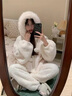 莫代爾白色珊瑚絨睡衣女加絨加厚冬季韓版感毛絨連帽家居服大碼套裝 白色套裝【加厚版】 XL (建議125~140斤) 曬單實(shí)拍圖