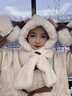恒源祥圍巾帽子女冬天保暖圍巾一體連體套頭帽騎車(chē)防寒護耳可愛(ài)毛絨圍脖 奶白色 曬單實(shí)拍圖