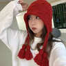 LZJV新年紅色帽子女秋冬新款保暖毛線(xiàn)流蘇帽手工針織護耳帽百搭時(shí)尚 光板流蘇帽--紅色 曬單實(shí)拍圖