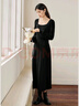 對白【AN大碼系列】方領針織連衣裙冬季胖mm高級感黑色長裙內搭打底裙 靜謐黑 L 建議體重125-135 曬單實拍圖