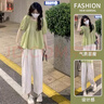 苒琦媽咪孕婦套裝夏裝高級感棉麻娃娃衫短袖上衣休閑哈倫褲孕婦兩件套夏季 綠色上衣+米白褲子（兩件套） XL 曬單實(shí)拍圖