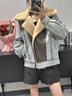 粟茝牛仔皮草拼接外套羽絨服女皮毛一體年輕款鵝絨內膽派克服2024新款 牛仔藍 L 曬單實(shí)拍圖