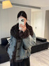 粟茝牛仔皮草拼接外套歐貨皮毛一體鵝絨羽絨派克服女短款復古做舊擦色 S 均碼 水洗牛仔 曬單實(shí)拍圖