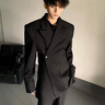 聲猴西服外套男小眾修身設計感立體廓形墊肩純色單?？坌蓍e西服套裝男 黑色西服+黑短T+黑西褲【三件套】 XL 曬單實(shí)拍圖