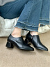 波爾諦奇（BOERDIQI）頭層牛皮真皮女鞋春秋款單鞋粗高跟職業(yè)復古顯瘦時(shí)裝鞋 黑色 38 曬單實(shí)拍圖