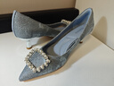 蹀愫禮物2024秋季新款優(yōu)雅小香風(fēng)珍珠女編織格呢水晶高跟鞋TA54514-12 深銀藍色織物 35 225mm 曬單實(shí)拍圖