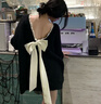 FSHE毛衣女秋冬季蕾絲花邊露背蝴蝶結寬松上衣女慵懶風(fēng)中長(cháng)款針織衫女 黑色 S 曬單實(shí)拍圖