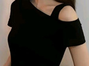 佐敘純欲風(fēng)一字肩上衣女夏2025新款設計感不規則性感鎖骨斜肩吊帶短袖 黑色 M (85-96斤) 曬單實(shí)拍圖