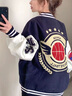 京多夢(mèng)美式復古刺繡棒球服女2025秋季新款拼接重磅皮袖寬松夾克開(kāi)衫外套 藏青色 M （95-110斤） 曬單實(shí)拍圖