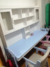 風(fēng)葉青青北歐實(shí)木書(shū)桌雙人桌家用臥室可升降中小學(xué)生學(xué)習桌書(shū)架儲物寫(xiě)字桌 實(shí)木單桌+09升降椅*2(藍白色) 180cm*60cm*75cm雙抽屜 曬單實(shí)拍圖