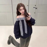 LDBE美式復古格紋蝴蝶結斜肩無(wú)帽衛衣女春秋季寬松慵懶風(fēng)露肩長(cháng)袖上衣 深藍色 S 【95斤內】 曬單實(shí)拍圖