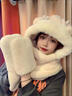 龍覘圍巾帽子手套一體女連帽冬季帽可愛(ài)保暖圍脖毛絨冬天三件套厚防寒 卡其色 曬單實(shí)拍圖