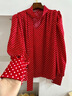 紅色波點(diǎn)印花襯衫女秋季甜美泡泡袖上衣掛脖顯瘦設計系帶V領(lǐng)襯衣 紅色 獨家實(shí)拍版(非低價(jià)劣質(zhì)盜版 均碼  建議體重80-140斤穿 曬單實(shí)拍圖