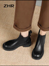 ZHR短靴女秋冬復古真牛皮通勤女靴舒適加絨切爾西靴 EH18A 黑色 38  曬單實(shí)拍圖