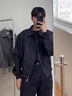 威登羊夾克套裝男士秋冬季韓版潮流寬松休閑百搭帥氣工裝加厚夾棉外套男 黑外套+黑短T+黑加絨西褲【三件 XL 曬單實(shí)拍圖