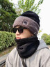偶森套頭帽子男士2025新款冬季加絨騎行保暖護耳護頸面罩圍脖套裝男款 【黑灰色】帽子+圍脖套裝（羊羔絨款） 曬單實(shí)拍圖