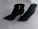 藍晨語(yǔ)依短靴女黑色絨面水鉆尖頭防踢頭高跟細跟時(shí)裝靴彈力氣質(zhì)側拉鏈靴子 黑色7厘米 36 (230mm) 曬單實(shí)拍圖