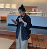 JRET牛仔外套女復古格紋拼接工裝秋設計感小眾中長(cháng)款港風(fēng)休閑夾克女 外套 S 曬單實(shí)拍圖
