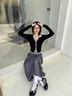 佐敘黑色v領(lǐng)假兩件長(cháng)袖t恤女秋冬顯瘦修身收腰內搭打底短款針織衫上衣 黑拼灰 L （100-120斤） 曬單實(shí)拍圖