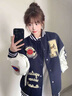 京多夢(mèng)美式復古刺繡棒球服女2025秋季新款拼接重磅皮袖寬松夾克開(kāi)衫外套 藏青色 M （95-110斤） 曬單實(shí)拍圖