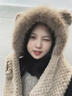 鉑吶苓小熊帽子女秋冬新款騎車(chē)毛絨甜美可愛(ài)加厚保暖護耳百搭圍巾一體 波紋圓耳【卡其色】 曬單實(shí)拍圖