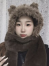 目丸可愛(ài)小熊帽子圍巾一體女新款秋冬季加絨圍脖防寒保暖毛茸茸護耳帽 曬單實(shí)拍圖
