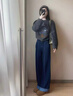 深藍色加絨闊腿牛仔褲女秋冬季2025新款復古小個(gè)子加厚卷邊直筒褲 丹寧藍-九分-加絨 M (27) 曬單實(shí)拍圖