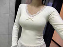 趣米樂(lè )蕾絲花邊v領(lǐng)長(cháng)袖T恤保暖打底衫女秋冬修身加絨內搭純欲帶胸墊上衣 杏色 L 曬單實(shí)拍圖