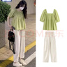苒琦媽咪孕婦套裝夏裝高級感棉麻娃娃衫短袖上衣休閑哈倫褲孕婦兩件套夏季 綠色上衣+米白褲子（兩件套） XL 曬單實(shí)拍圖