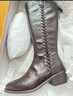 他她（TATA）女鞋靴子秋冬時(shí)裝靴粗跟復古西部靴彈力短靴 啡色（長(cháng)靴） 34 曬單實(shí)拍圖
