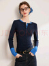 白鹿語(yǔ)撞色拼接半開(kāi)門(mén)襟T恤秋季新款簡(jiǎn)約修身長(cháng)袖上衣女 藏藍色  L  曬單實(shí)拍圖