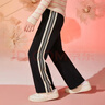 ASK JUNIOR女童褲子25秋冬加厚保暖條紋織帶邊針織一體絨闊腿長(cháng)褲 黑色 150 曬單實(shí)拍圖