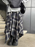 半身裙女裙子格子復古流行春季高腰顯瘦百搭時(shí)尚中長(cháng)款不規則傘裙 咖格 均碼 （80-150斤） 曬單實(shí)拍圖