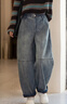 善己復古港風(fēng)加絨做舊拼接闊腿牛仔褲2025冬季新款加厚寬松哈倫褲 牛仔藍 L 【現貨發(fā)售】 曬單實(shí)拍圖