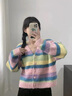 羅蒙（ROMON）糖果色v領(lǐng)彩虹條紋浣熊絨毛衣外套女秋冬季彩色外穿短款針織開衫 糖果色 均碼 -85-120斤 曬單實拍圖