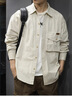 后琤美式工裝復古條紋襯衫男長(cháng)袖寬松廓形阿美咔嘰襯衣外套男款上衣潮 米白條紋 L（130-145斤） 曬單實(shí)拍圖
