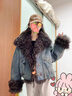 粟茝牛仔皮草外套女2025秋冬新款羊毛皮毛一體拼接鵝絨服短款寬松海軍 牛仔藍 S 曬單實(shí)拍圖