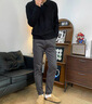 謙集（QIANJI）咖啡色休閑牛仔褲男潮流新款秋冬季厚款長(cháng)褲石磨水洗修身小腳褲男 咖啡色 30 建議體重120-130斤穿 曬單實(shí)拍圖