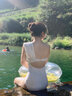 妙奕嘉泳衣女成人泡溫泉連體游泳衣女士泳裝顯瘦性感遮肚度假沙灘泳衣 設計感單肩蝴蝶結泳衣白色【M】 曬單實(shí)拍圖