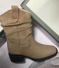 爾山集卡其色復古褶皺堆堆靴秋冬新款歐美風(fēng)尖頭顯瘦粗跟短靴跟4CM 卡其色低筒流蘇靴4CM【38】 曬單實(shí)拍圖