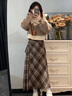 韓璐嬌（hanlujiao）秋冬連衣裙女裝2025新款搭配一整套小個(gè)子韓系穿搭學(xué)院風(fēng)套裝裙子 假兩件上衣+格紋半裙【兩件套】 M 曬單實(shí)拍圖