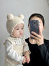 Kimmy英國嬰兒帽子秋冬季0-2歲寶寶男女兒童護耳毛線(xiàn)帽珊瑚絨可愛(ài)針織 米白 建議2個(gè)月~12個(gè)月(頭圍：44-48cm) 曬單實(shí)拍圖