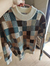 大嘴猴（paul frank）毛衣男士格子拼色針織衫男秋冬季保暖厚款毛線(xiàn)衣外套 米白色 M 曬單實(shí)拍圖