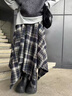 不規則半身裙美拉德法式格紋女春季新款復古垂感高腰遮胯a字大擺 咖格 均碼 （80-150斤） 曬單實(shí)拍圖