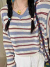 爾山集條紋長(cháng)袖T恤女ins潮早秋季設計感小眾v領(lǐng)寬松顯瘦針織打底衫上衣 條紋 均碼 85-125斤 曬單實(shí)拍圖