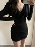 桃伊悠小眾設計褶皺收腰包臀裙女性感V領(lǐng)修身顯瘦長(cháng)袖連衣裙百搭短裙子 黑色 2XL 曬單實(shí)拍圖